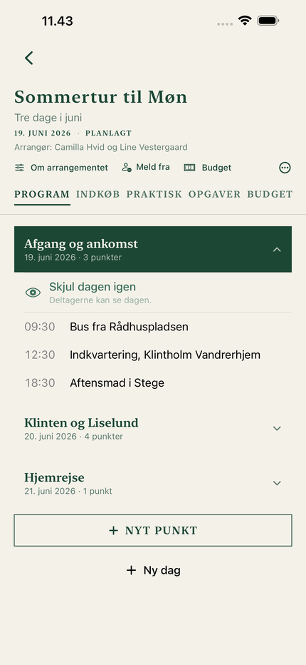 Et arrangement med programmet delt op på dage.