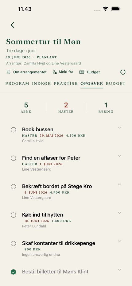 Opgavelisten med frister, beløb og hvem der har opgaven.