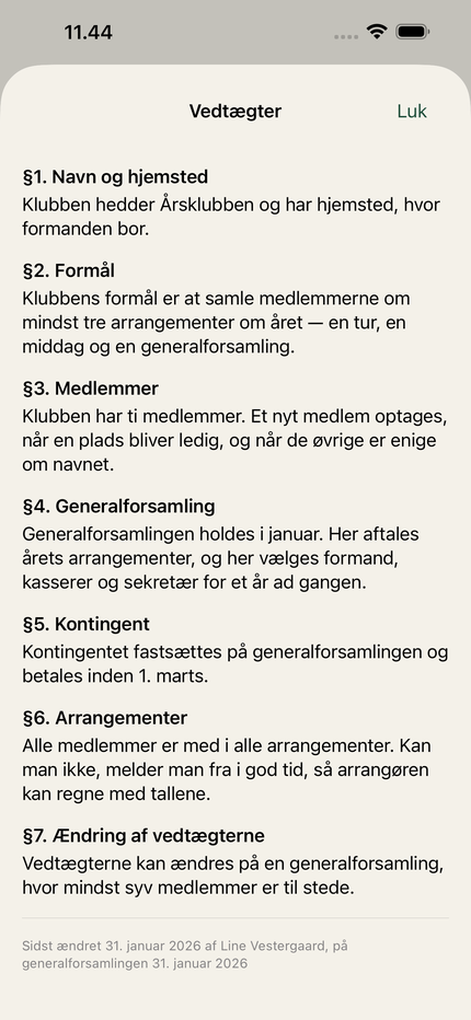Klubbens vedtægter som én side med paragraffer.